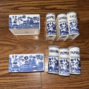 Vintage, Rare, Japan, 8-pc Blue & White Willow Complete Porcelain Shaker Set